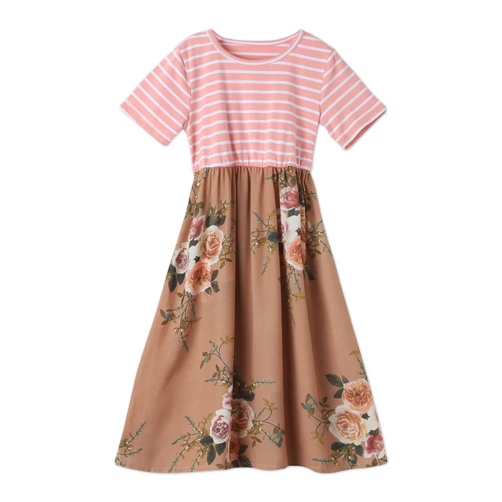 

Comfortable Pink Stripes With Summer Botanical Floral Casual Loose Dress