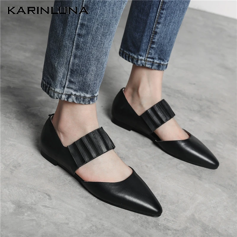 

Karinluna Hot Sale Wholesale Large Size 34-41 Genuine Leather Pointed Toe Slip On Shoes Woman Flats Casual Flats Woman Shoes