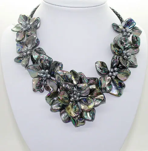 

Free shipping natural Black pearl black shell mother of pearl 7 flower pendant necklace ##a #a