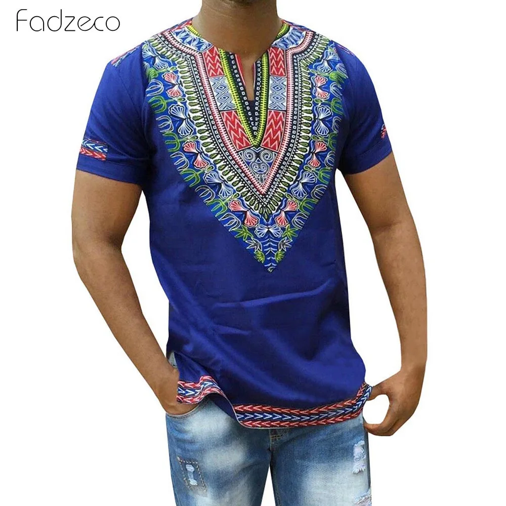 Fadzeco, африканская рубашка для мужчин, принт, v-образный вырез, Племенной Стиль, короткий рукав, разрез, Мужская Футболка, большой размер, Дашики, мужские топы, африканская одежда