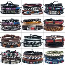 Joyas de pulseras de cuero Lucky Vintage para hombre, cuentas de hojas de Calavera, pulsera cadena trenzada multicapa para mujer, pulsera Masculina