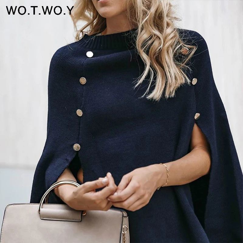 WOTWOY 2018 Knitted Cloak Sweater Women Casual Loose Shawl Autumn Winter Streetwear Poncho Women Sweater And Pullovers Plus Size WOTWOY 2018 Knitted Cloak Sweater Women Casual Loose Shawl Autumn Winter Streetwear Poncho Women Sweater And Pullovers Plus Size