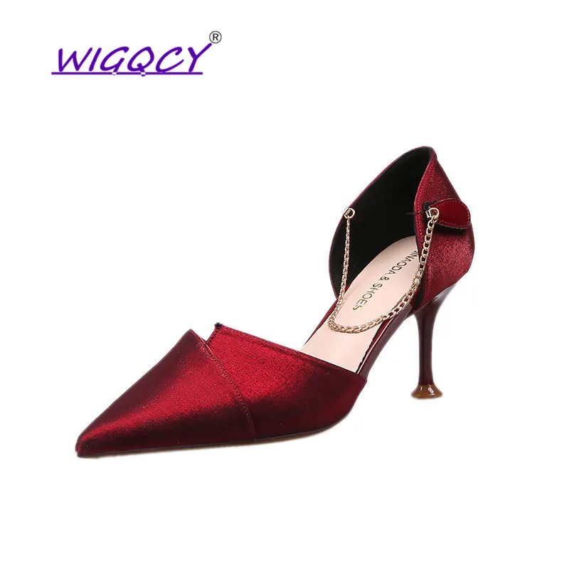 

Pointed pumps sandals 2019 Autumn Summer shoes women Fashion Thin Heels High heels Sweet Chain Patchwork Slip-On female shoes