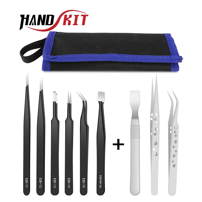 Handskit 9 Pcs Tweezers Set Stainless Steel Anti-static Precision Tweezers for Electronic Mobile Phone Repair Tools Hand Tools