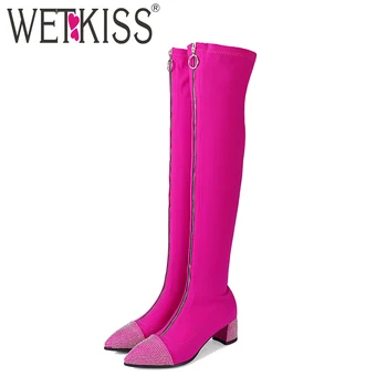 

WETKISS Crystal High Heels Women Elastic Boots Pointed Toe Footwear Zip Female Boot Stretch Shoes Woman 2018 Winter Plus Size 43