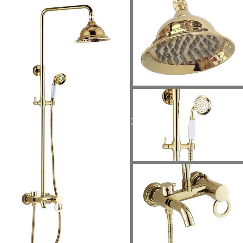 

Bathroom Rainfall Shower Set faucet 6.3" Luxury Golden Polished Brass Rain Bath Wall Mounted Shower Set Bathtub Mixer Tap agf416