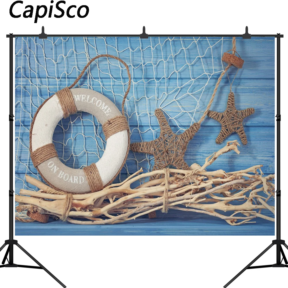 

Виниловый фон для фотосъемки новорожденных детей Capisco, летний голубой темно-синий фон со звездами, рыболовная сеть, буй, студийный Фотофон