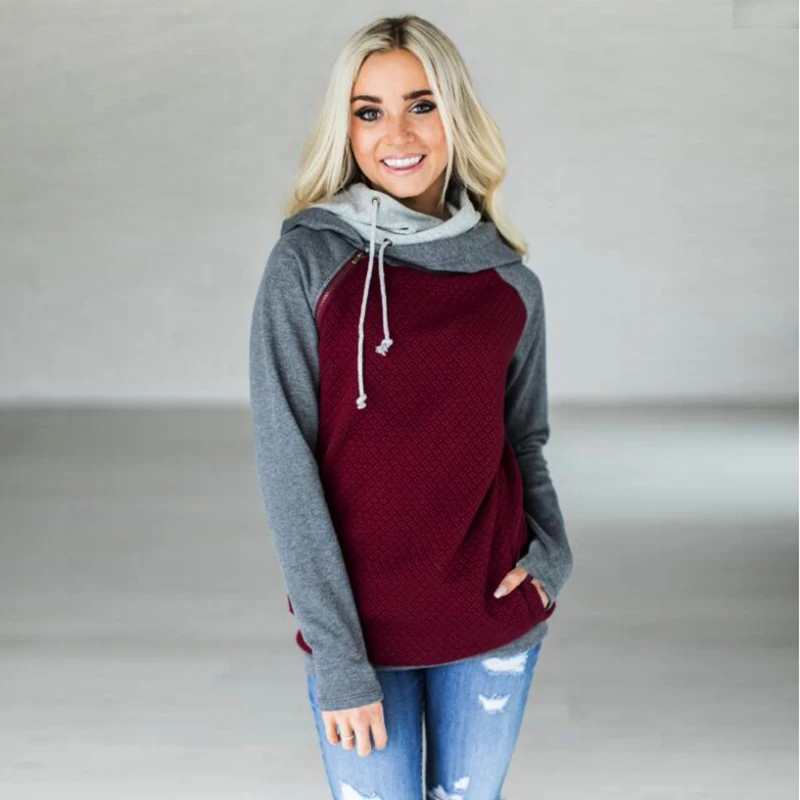 

Double hood hoodies sweatshirt Women Autumn fashion Long Sleeve side zipper Hooded Casual Patchwork Hoodies woman Pullover femme