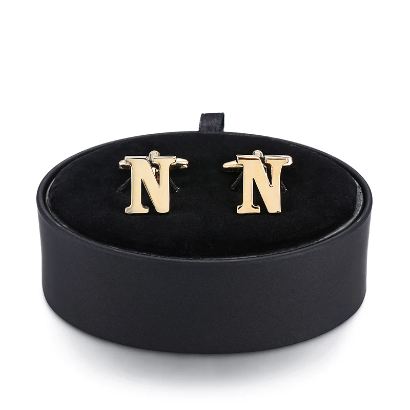 

DY a set of high quality plating golden letters N Cufflinks black leather box men French shirt Cufflinks box set free shipping