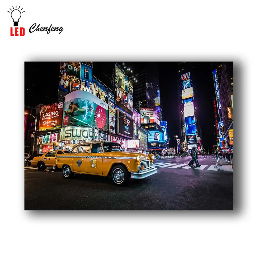 Современный светодиодный настенный Декор, Нью-Йорк, желтый автомобиль такси, картина, холст, художественный светильник, картина, рамка, принт, плакат, украшение дома