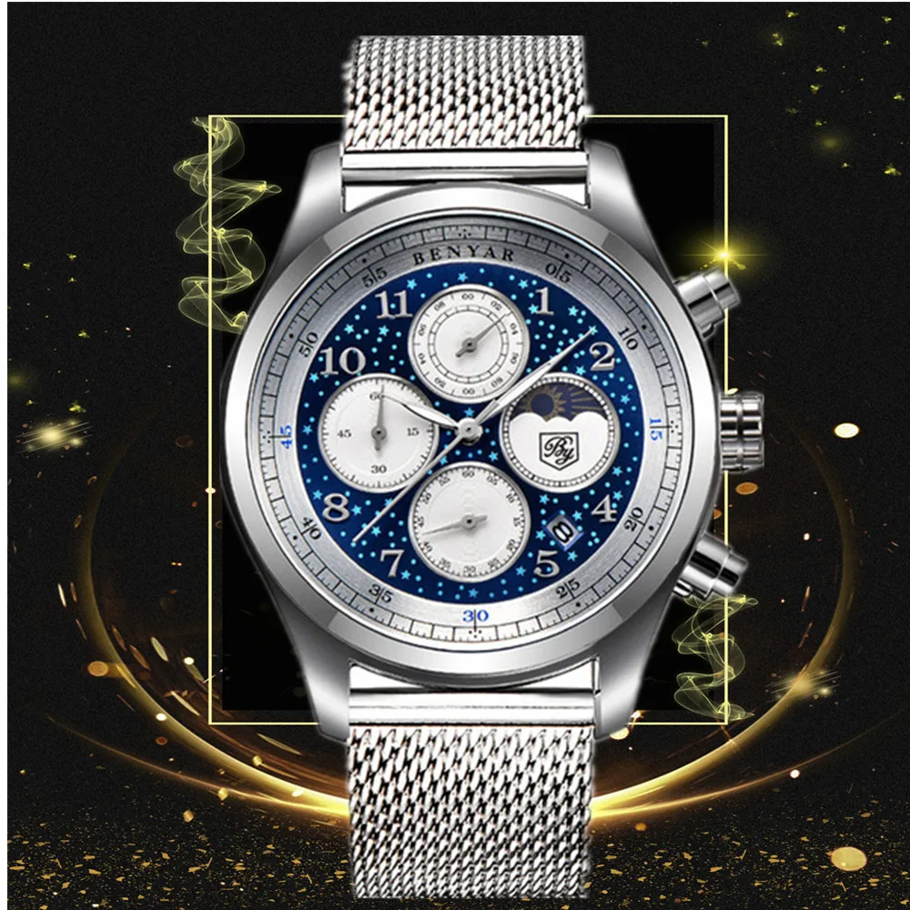 

2019 New BENYAR Brand Design Quartz Watch Reloj Hombre Waterproof Sport Business Moon Phase Watch Men Clock Relogio Masculino