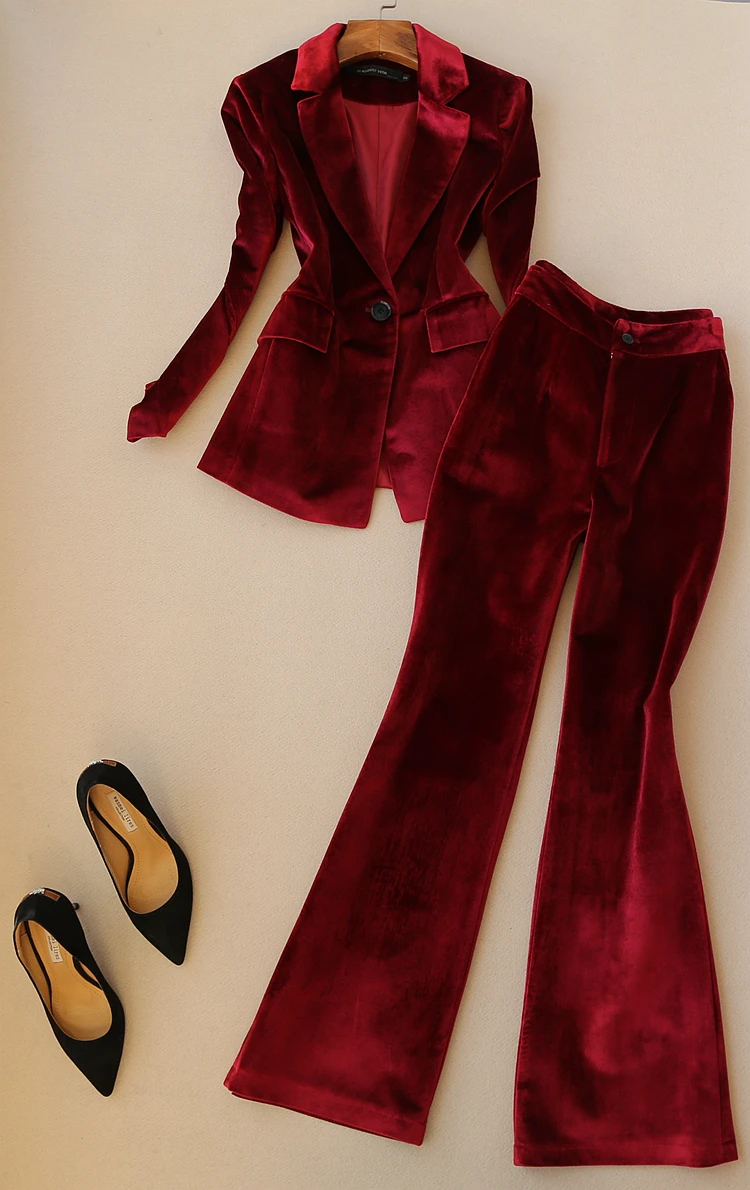 

Fashion suit suit female spring New high quality casual slim velvet suit + trumpet long pants autumn two-piece suit women
