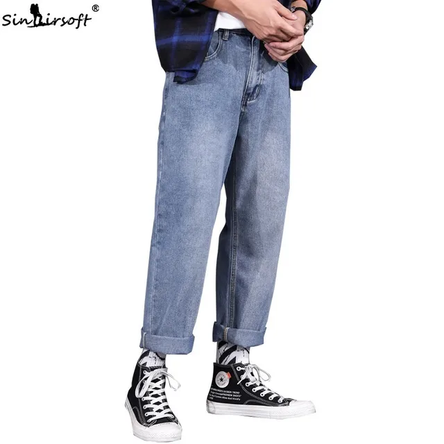 US $16.08 Large Size Denim Wide Leg Pants Men Loose Ankle-Length Jeans High Street Soild Skateboard Trousers 