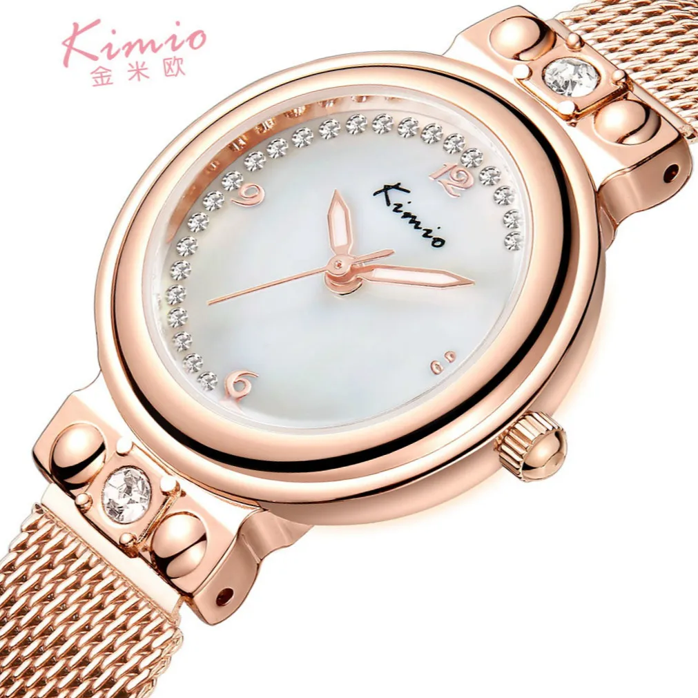 

KIMIO Woman Watches Diamond Quartz Bracelet Watch Female Rose Gold Steel Mesh Band Ladies Dress Clock Waterproof Relogio Feminin