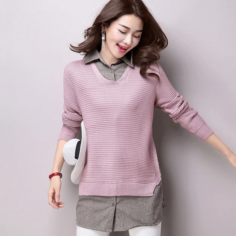 2016 New Women tops Fake two-piece shirt turn-down collar sweater slim fashion clothing women sweater Pullovers female 1012-65F