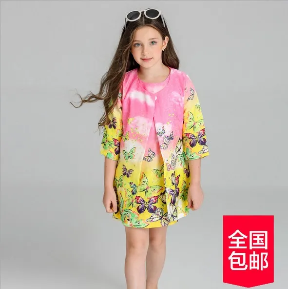 2017 new the autumn the child Korean girls dress suit children butterfly sleeve Jacquard Dress Coat
