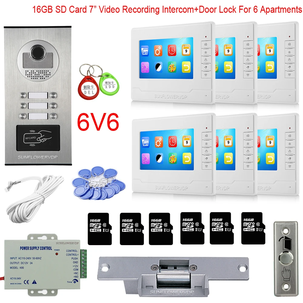 Rfid 2/3/4/6 мульти вызова кнопочный домофон для дома 16 Гб Видео Запись 7 "Цвет монитор видео-дверной звонок с Электрический дверной замок
