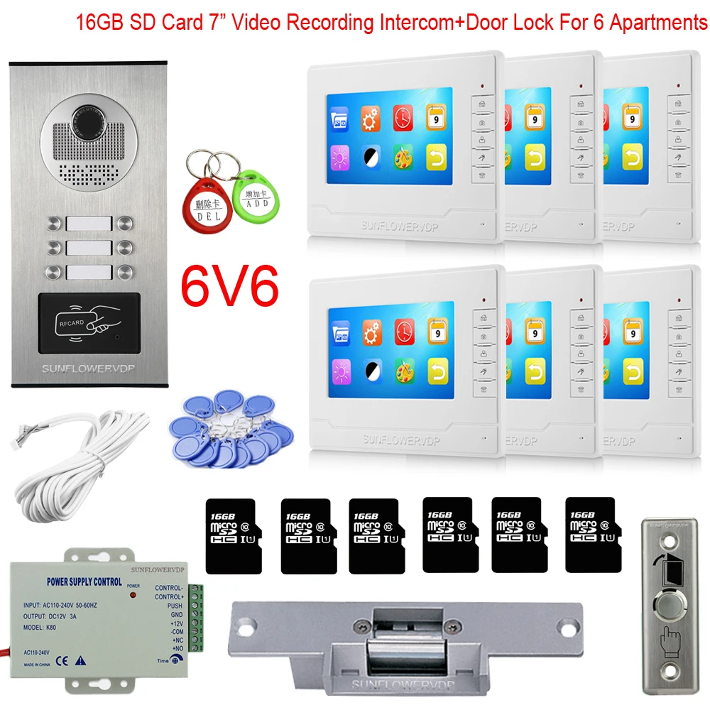 Rfid 2/3/4/6 Multi Call Buttons Intercom For Home 16GB Video Recording 7”Color Monitor Video Doorbell With Electric Door Lock Rfid 2/3/4/6 Multi Call Buttons Intercom For Home 16GB Video Recording 7”Color Monitor Video Doorbell With Electric Door Lock