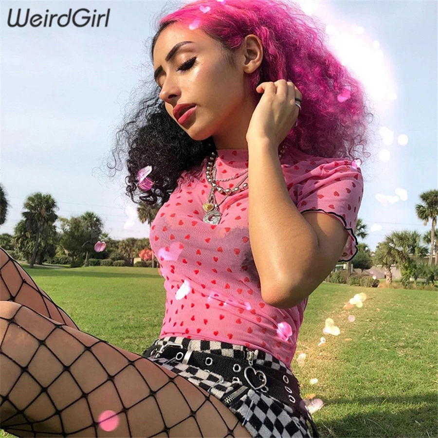 Weirdgirl/Женские повседневные футболки с коротким рукавом и круглым вырезом, с оборками, с принтом в виде сердечек, прозрачная розовая футболка на выход, летняя Новинка