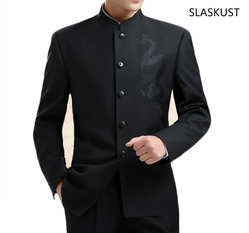 

Chinese Style Dragon Embroidery Suit Jacket Mandarin Collar Tunic Suit Coats Five Stying Free Shipping