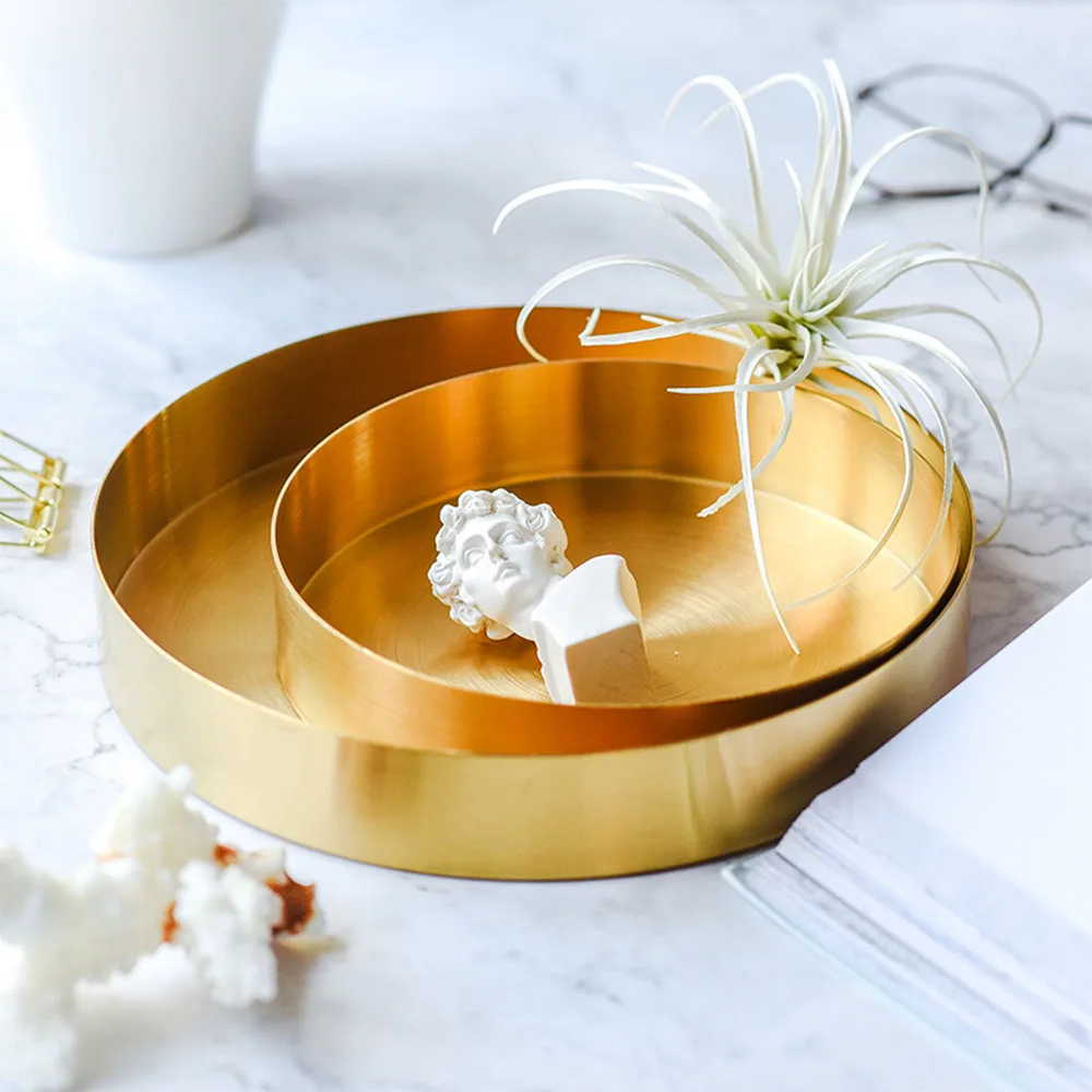 Nordic Copper Round Storage Tray Desk Metal Storage Organizer Rose Gold Jewelry Organizer Small Items Storage Dishes Home Decor