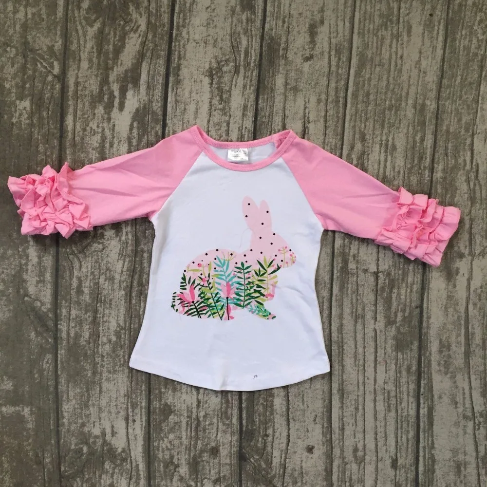 

new arrival Easter baby girls print pink bunny cotton boutique top T-shirt raglan clothing floral ruffles kid wear three quarter