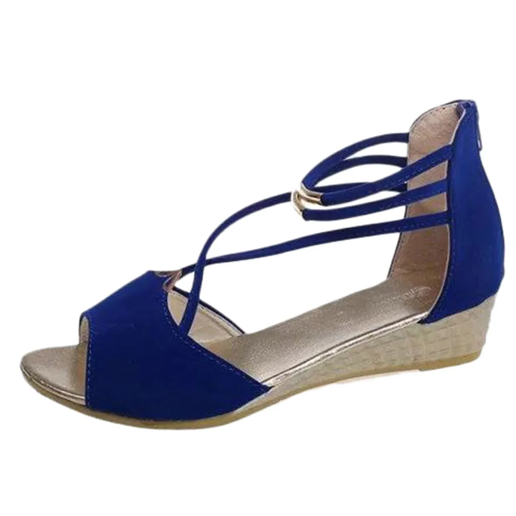 

SAGACE Women Solid Color Suede Wedge Fish Mouth Cross Strap Sandal Roman Shoe Casual Corduroy Peep Toe Square heel travel May 17