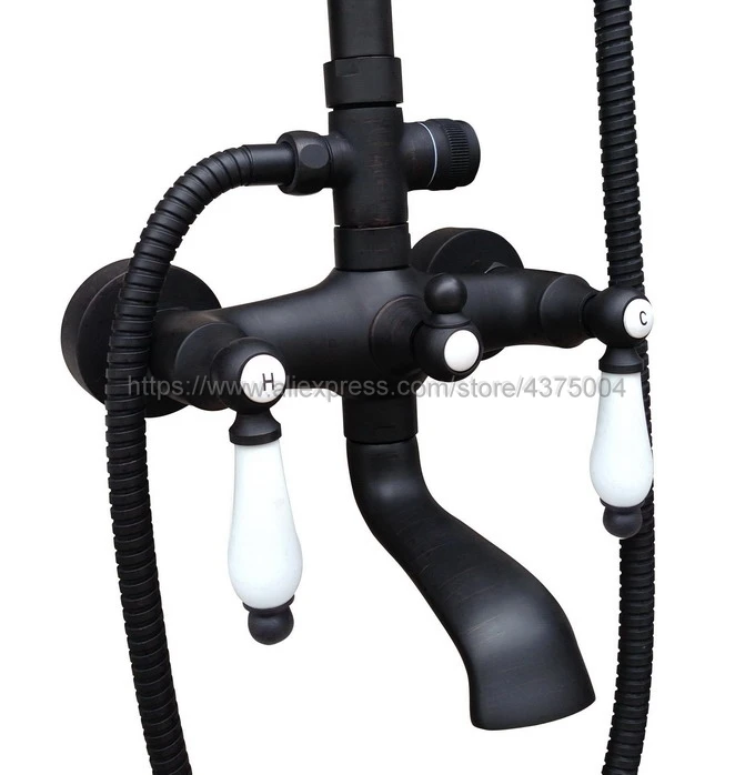 Oil Rubbed Bronze Shower Set Faucet Dual Handle 8" Rain Bath Shower Kit with Handshower Rotate Tub Spout Wall Mounted Nhg645