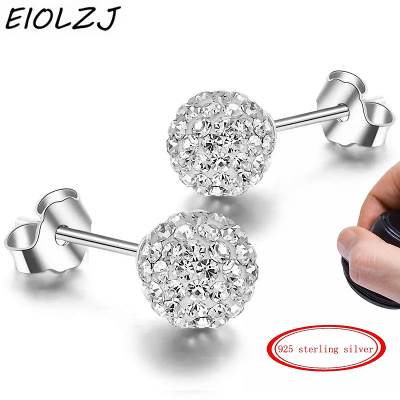 

EIOLZJ 925 Sterling Silver Stud Earrings Ethnic White Ball Zircon Earrings For Women Bridal Wedding Jewelry SR-0001 Free Box