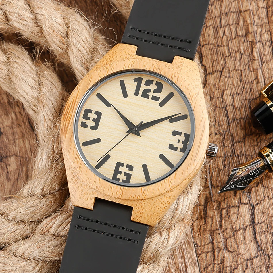 Minimalist Wrist Watch Men Handmade Bamboo Wood Clock Sport Creative Bangle Black Genuine Leather Band Strap Modern Style Gift (3)