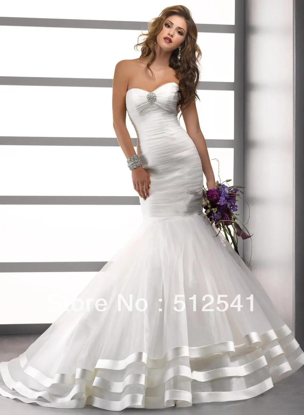 

Hot Sale Sweetheart Organza 2013 Mermaid wedding dresses Sweep Train Ruffle Ivory Beaded Bridal Gowns I-216