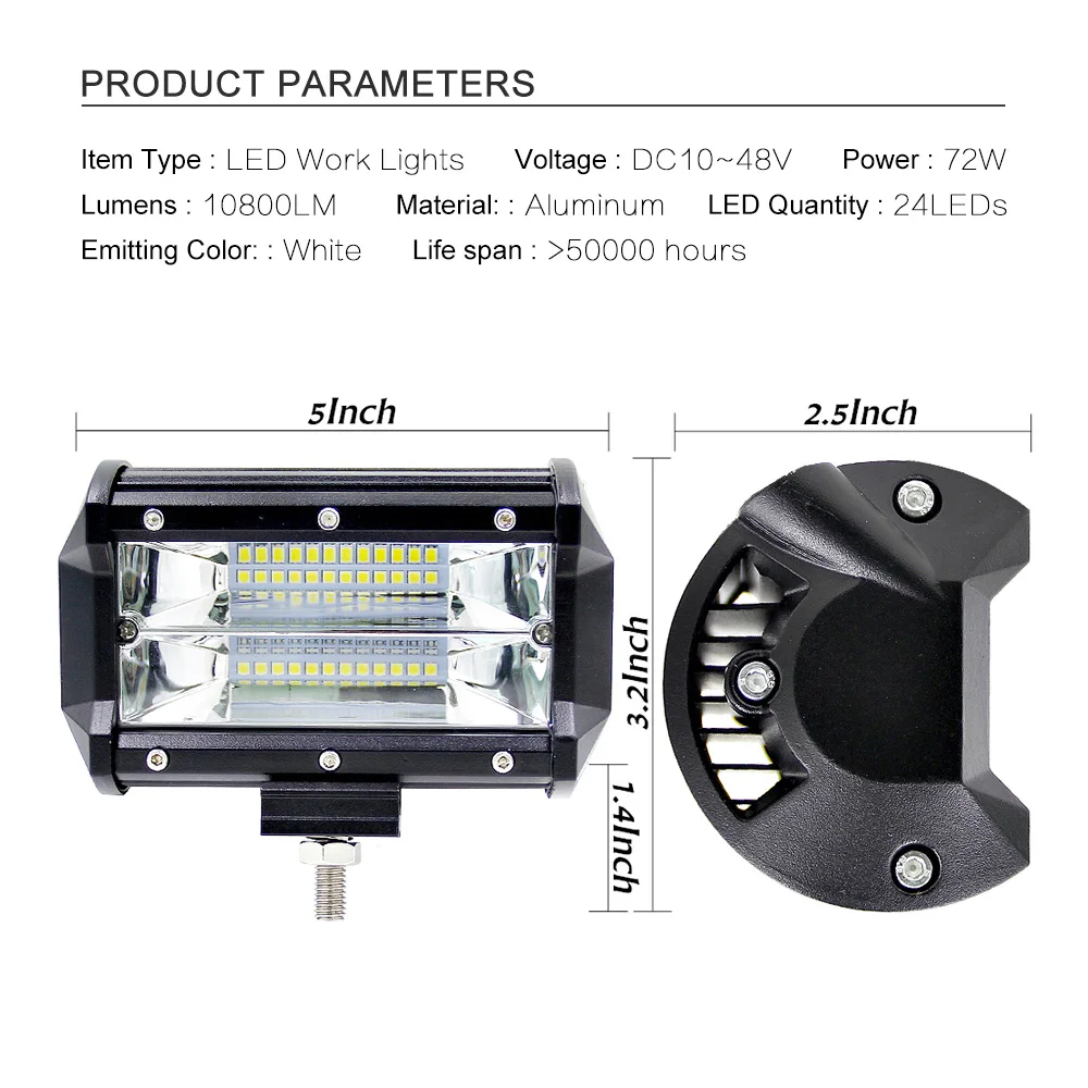 1 шт. 5 дюймов 72 Вт светодиодный Подсветка 12 V 24 V 10800LM мощный прожектор повышенной яркости для вездеходный грузовик, кроссовер Лодка Трактор в байкерском стиле
