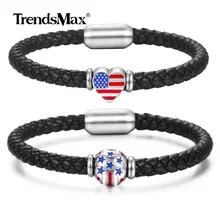 Модные мужские ювелирные изделия черный кожаный браслет для мужчин s Wo мужчин s плетеная веревка любовь США сердце с американским флагом пара браслетов DLBM34