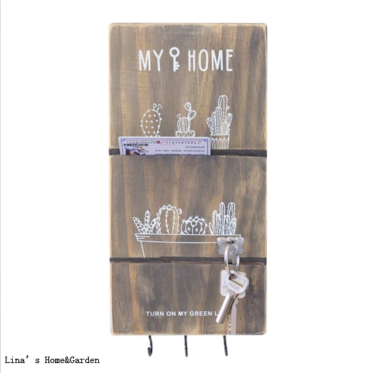 vintage brown pine wooden wall mail organizer with key hooks (2)