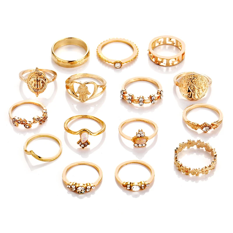 

New design retro portrait gold coin cross pattern rhinestone love ring set 15 ladies knuckle ball prom decoration jewelry VR545