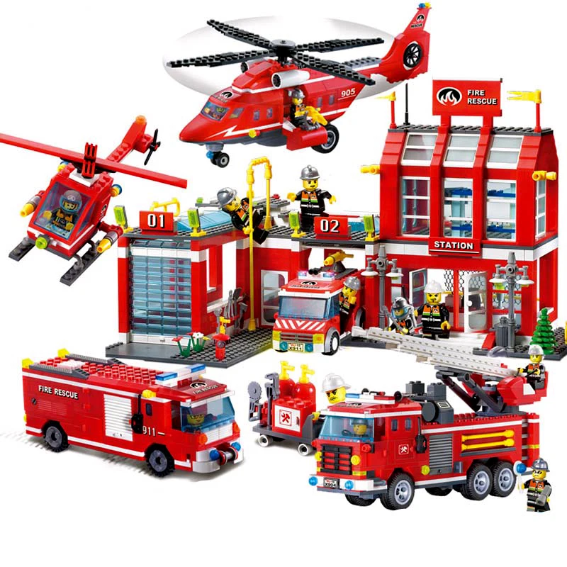 

HOT NEW City Police Fire Station Truck Spray Water Gun Firemen Car Building Blocks Sets Bricks Kids Toys Boys Legoings Figures