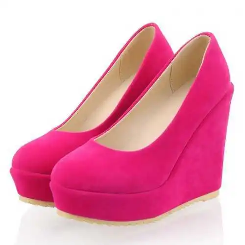 

2015 New Style Nude Pumps Thick Platform Wedges Shoes Quality Scrub Sweet Solid Slip On Spring Women Shoes Round Toe High Heels