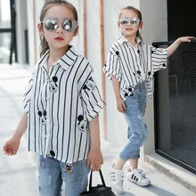 Spring and Summer 2016 Loose Short Sleeved Strip Blouse for Big Girl Kid Clothing