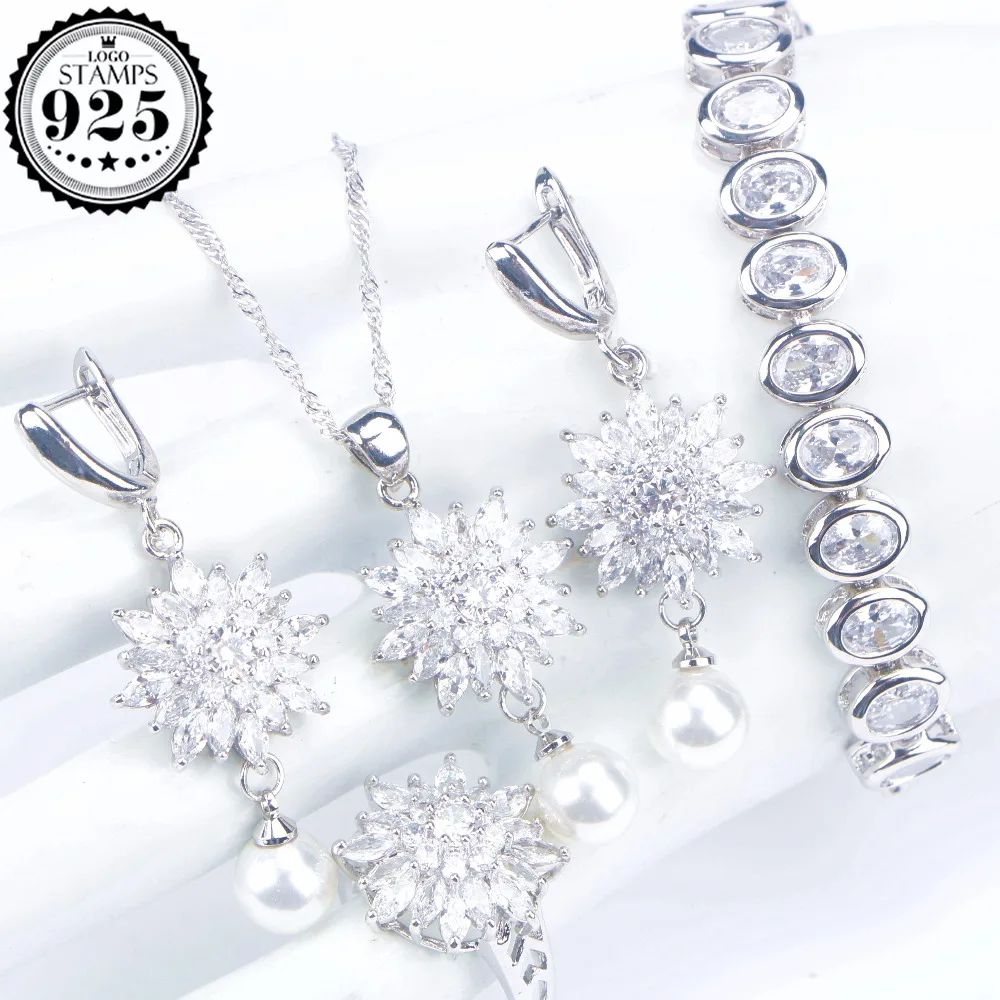 Белый циркониевый свадебный ювелирный набор для женщин серебро 925 жемчуг ювелирный свадебный браслет, серьги, кольцо ожерелье кулон Набор подарочных коробок