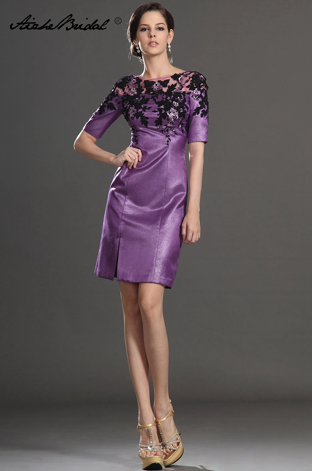 

Gorgeous half Sleeve Knee Length Black Applique Purple Satin Mother of the Bride Dress Short Formal Women's Dress