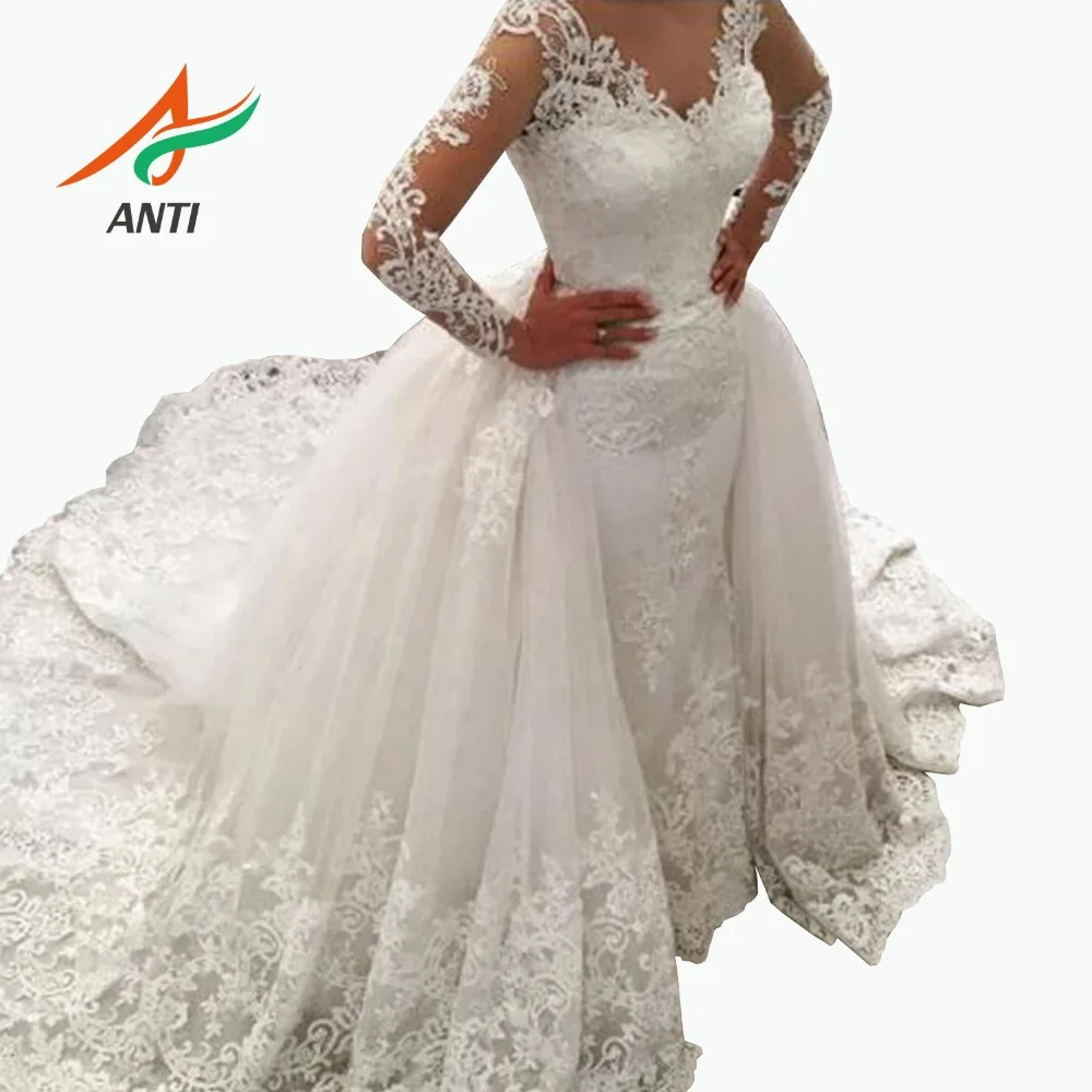 Anti Luxury Lace Long Sleeve Mermaid Wedding Dress With Detachable