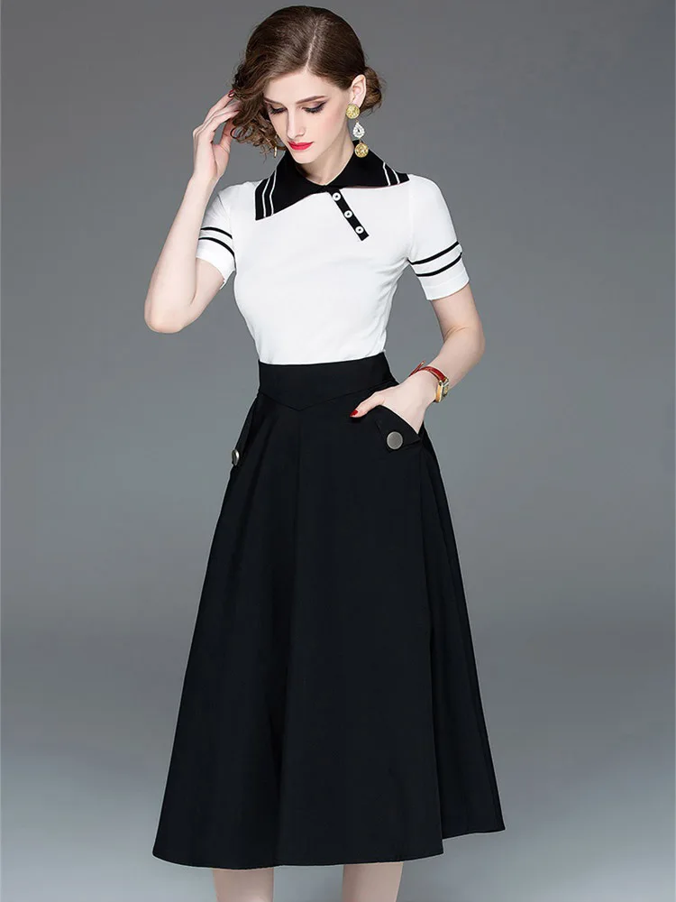 

Two Piece Original Design Women's 2019 Spring High Quality New Short-Sleeved Shirt + A-Line Skirt Two Piece Elegant Skirt Suit