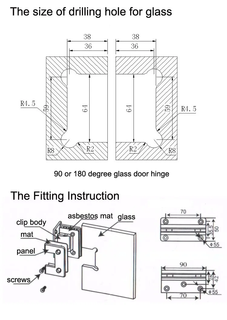 Copper 90 or 180 degree glass hinge the size of drilling hole