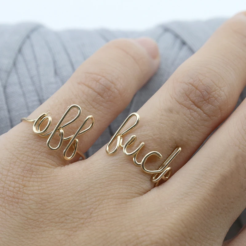

PINJEAS set of 2 Rose Filling Wire-wrap F%&k Off Ring Handmade Adjustable Dainty MATURE LISTING unusual Jewelry gifts