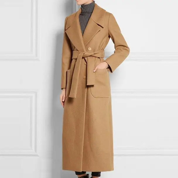 

autumn winter fashion camel belt Women wool blends coat slim turn-down collar long woolen coat
