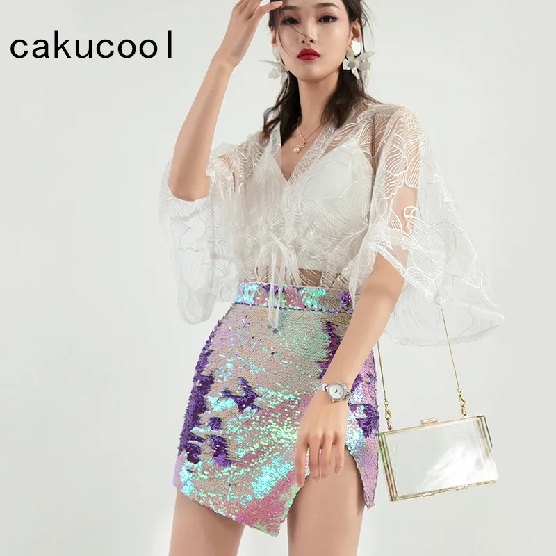 

Cakucool Sequined Skirt High Slit Pencil Skirt Double Layer Discolor Beading Summer Skirts High Waist Bling Shiny Party Skirts