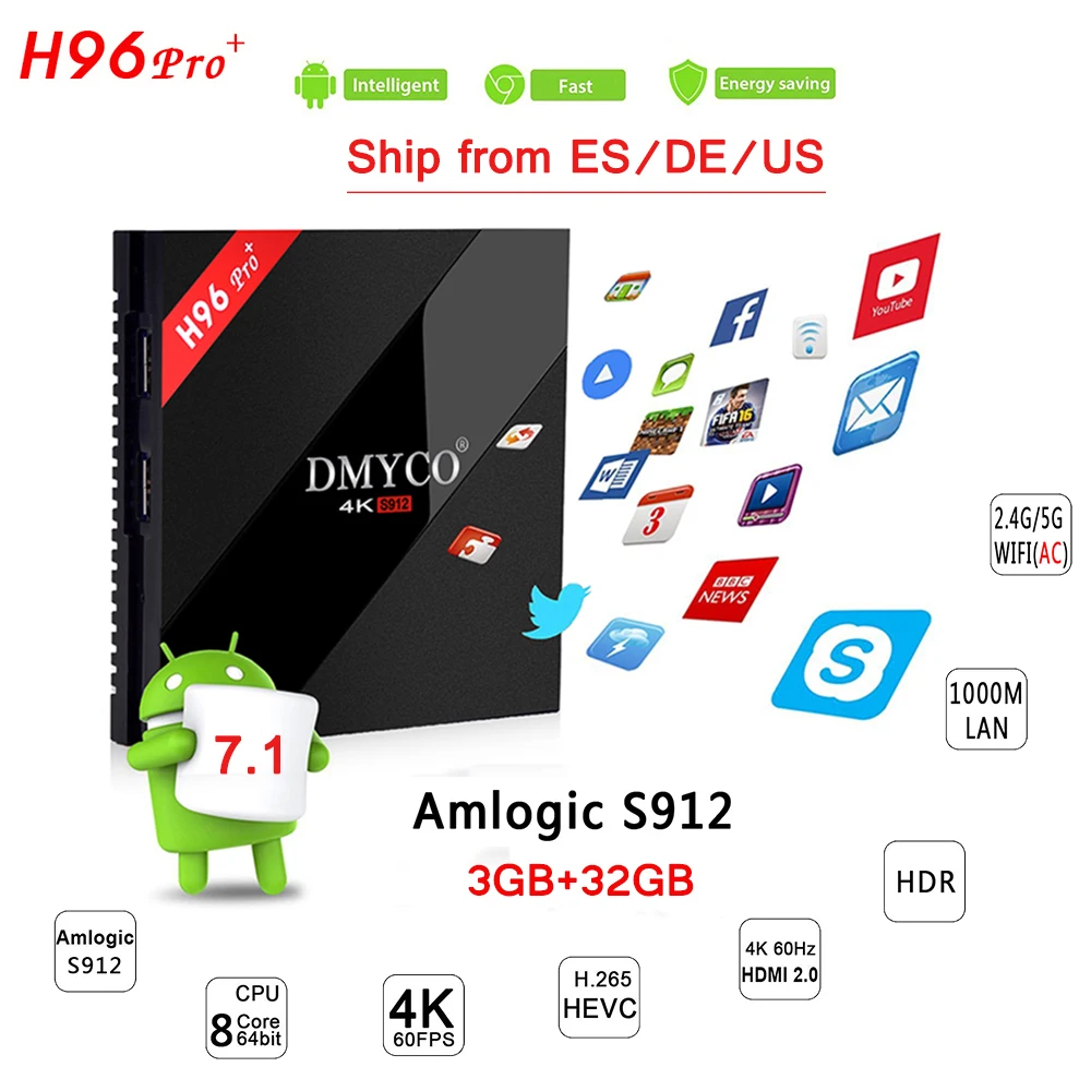 

H96 PRO Plus Amlogic S912 Octa Core TV Box 3G 32G Dual WIFI Bluetooth 4.1 Android 7.1 Smart TV H.265 4K 1000LAN Media Player