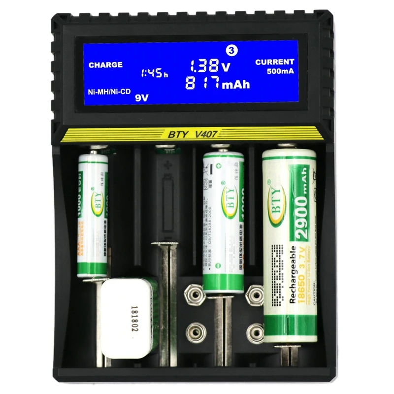 BTY V407 зарядное устройство Li Ion fe Ni MH CD умное быстрое для 18650 26650 6F22 9V AA AAA 16340