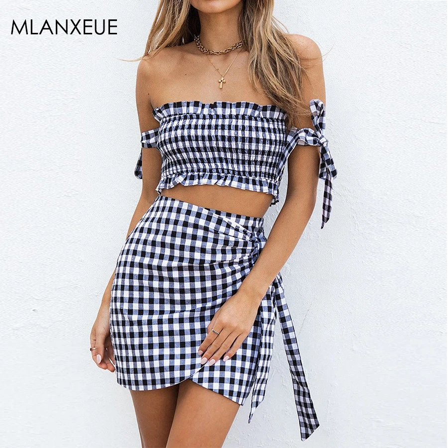 

Fashion Strapless Slim Tops Mini Skirts Female Sexy Plaid Casual Sets Women Summer Sweet Backless Lace-Up Beach Sets For Ladies