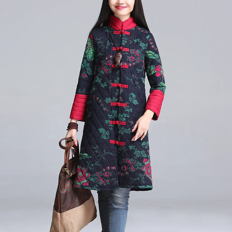 Китайский Стиль парка Новинка года зимние Для женщин цветочные Куртки с рисунком плюс Размеры женские длинное пальто на хлопковой подкладке куртка женская верхняя одежда 8514
